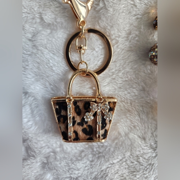 Gold and Brown Beaded Bag Charm Chain And Keychain Set Studded Boot Animal Print - Picture 11 of 16